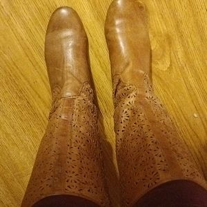 Tan Leather Boots w/ geometric cut out detail